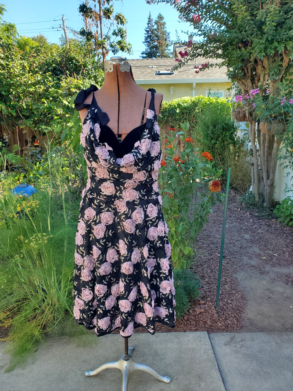 Kitten D'Amour Cowl Neck Floral Midi Dress - Black with Pink Roses